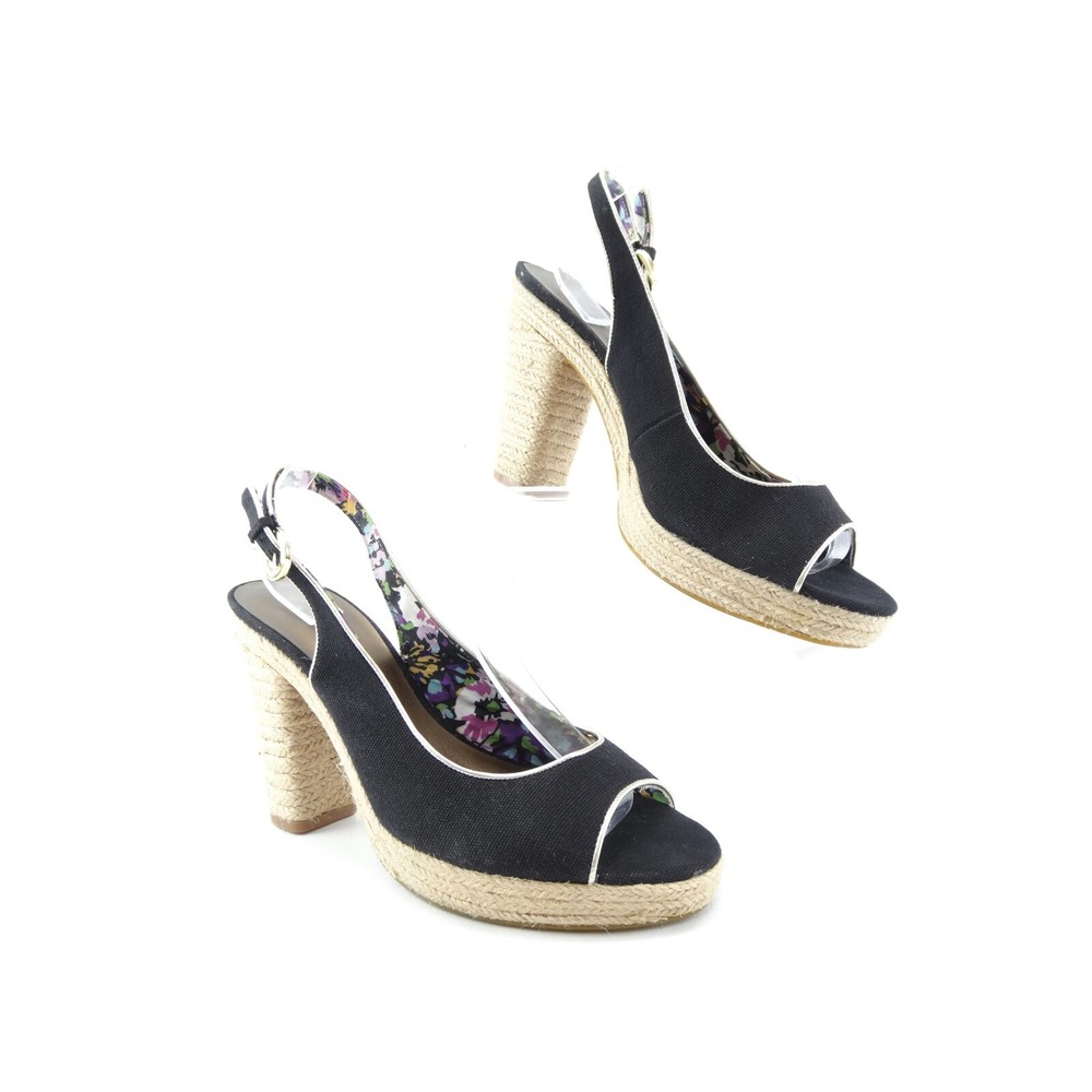 Tahari Barb Black Canvas Slingback Espadrille Shoe Jute Platform Wedge SZ‎ 9.5 M